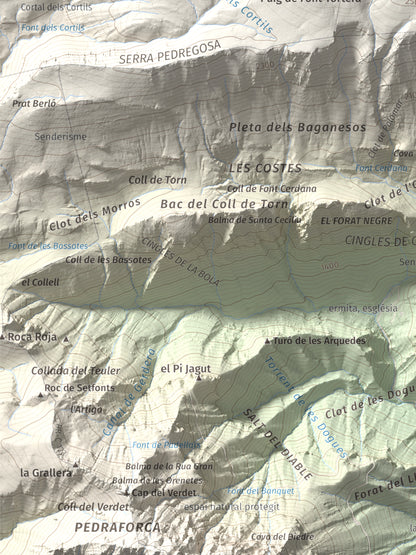 Mapa de relieve de Comabona, 2548 m, Berguedà · Cerdanya, lámina 100 Cims de Trobart. Detalle de la zona inferior izquierda. 30 × 40 cm.