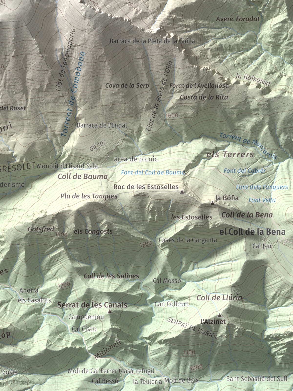 Mapa de relieve de Comabona, 2548 m, Berguedà · Cerdanya, lámina 100 Cims de Trobart. Detalle de la zona inferior derecha. 30 × 40 cm.