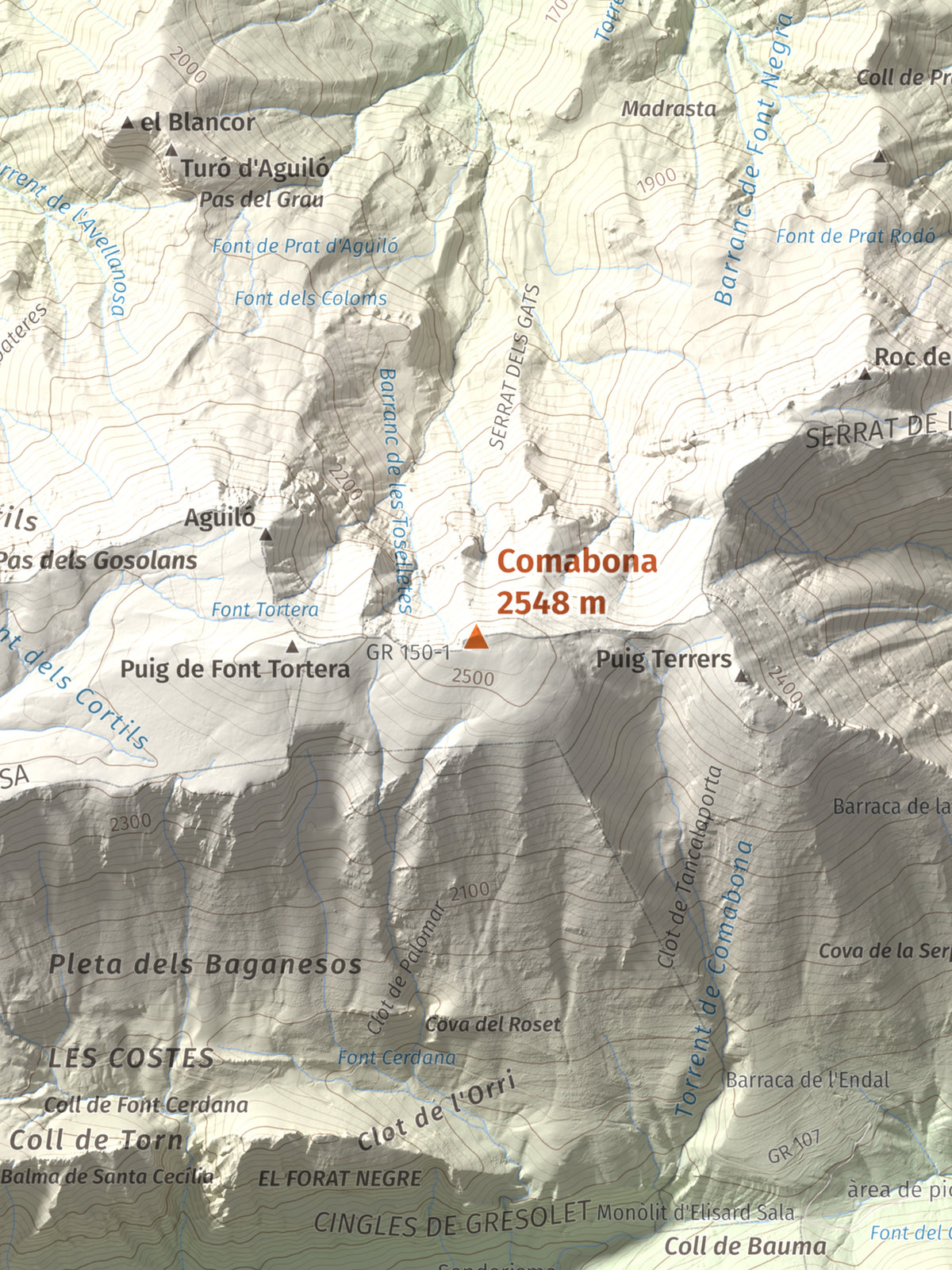 Mapa de relieve de Comabona, 2548 m, Berguedà · Cerdanya, lámina 100 Cims de Trobart. Detalle de la zona central. 30 × 40 cm.