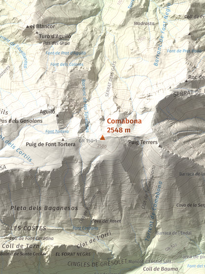 Mapa de relieve de Comabona, 2548 m, Berguedà · Cerdanya, lámina 100 Cims de Trobart. Detalle de la zona central. 30 × 40 cm.