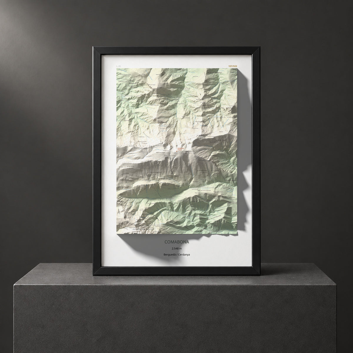 Mapa de relieve de Comabona, 2548 m, Berguedà · Cerdanya, lámina 100 Cims de Trobart. Presentación enmarcada. 50 × 70 cm.