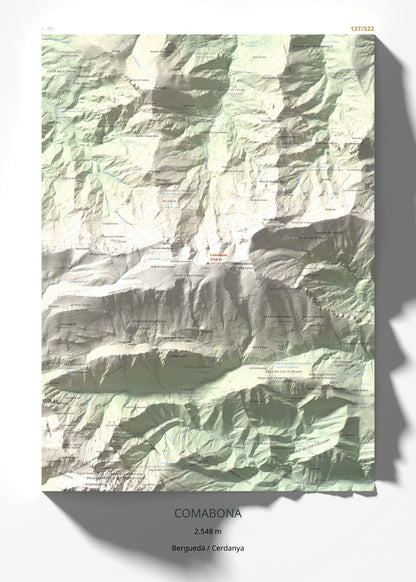 Mapa de relieve de Comabona, 2548 m, Berguedà · Cerdanya, lámina 100 Cims de Trobart 50 × 70 cm.