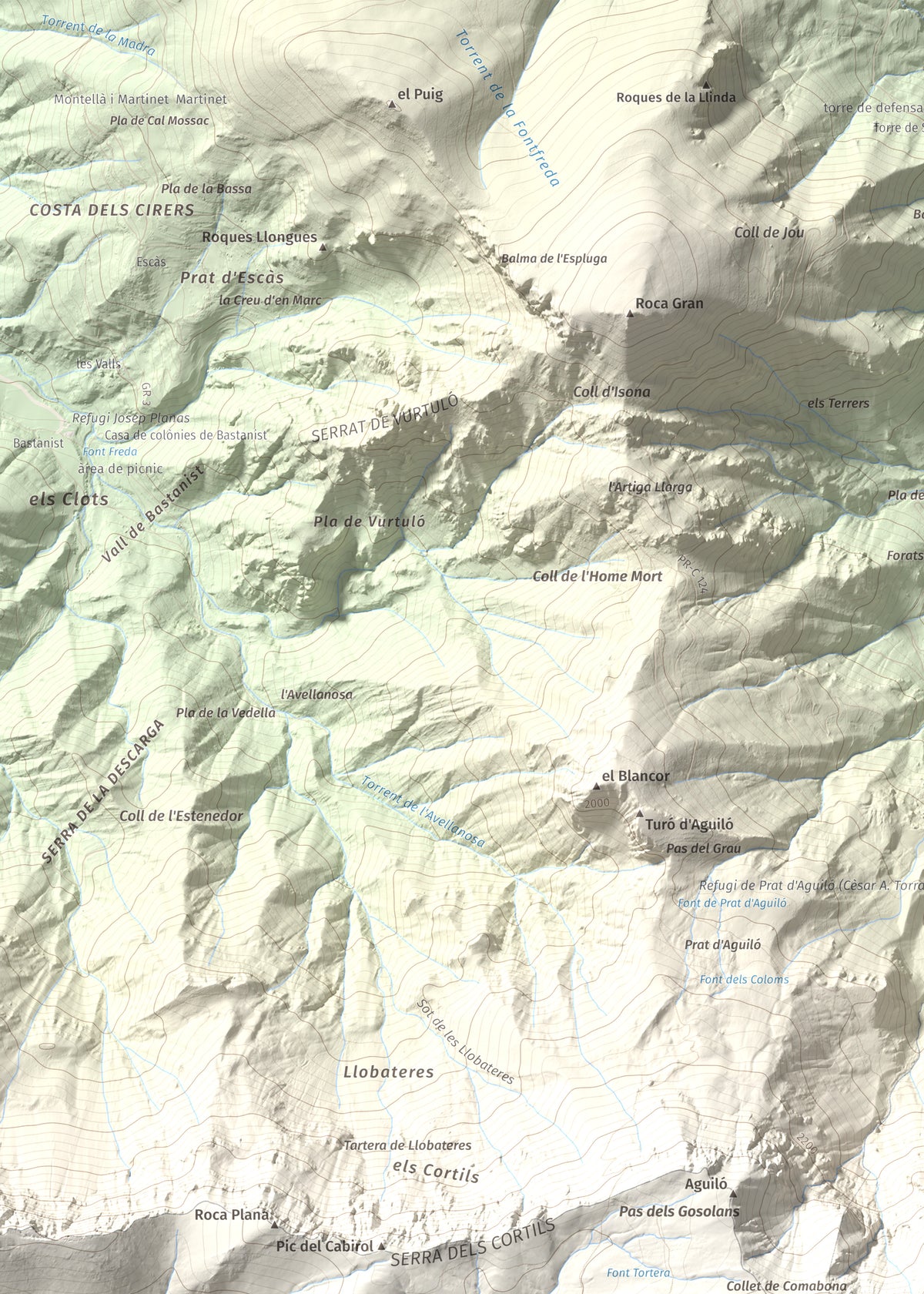 Mapa de relieve de Comabona, 2548 m, Berguedà · Cerdanya, lámina 100 Cims de Trobart. Detalle de la zona superior izquierda. 50 × 70 cm.