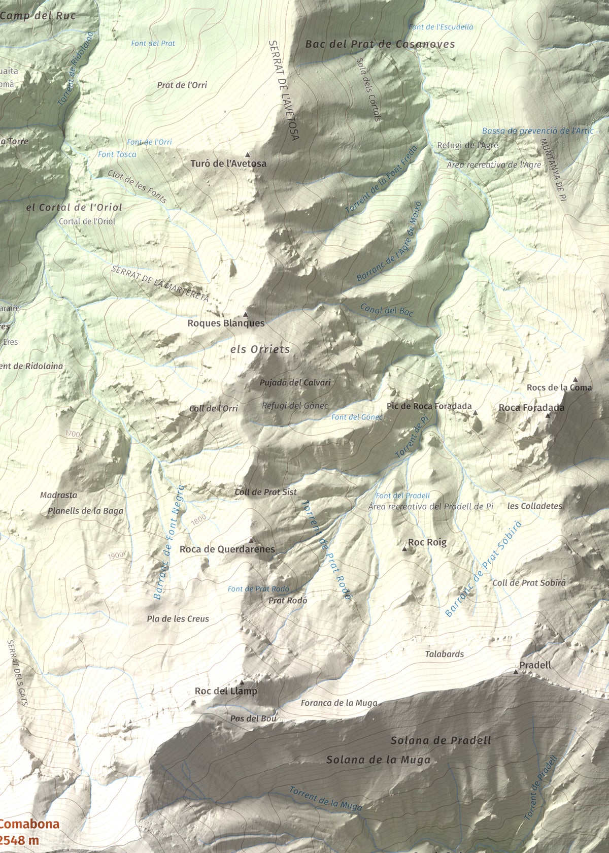 Mapa de relieve de Comabona, 2548 m, Berguedà · Cerdanya, lámina 100 Cims de Trobart. Detalle de la zona superior derecha. 50 × 70 cm.