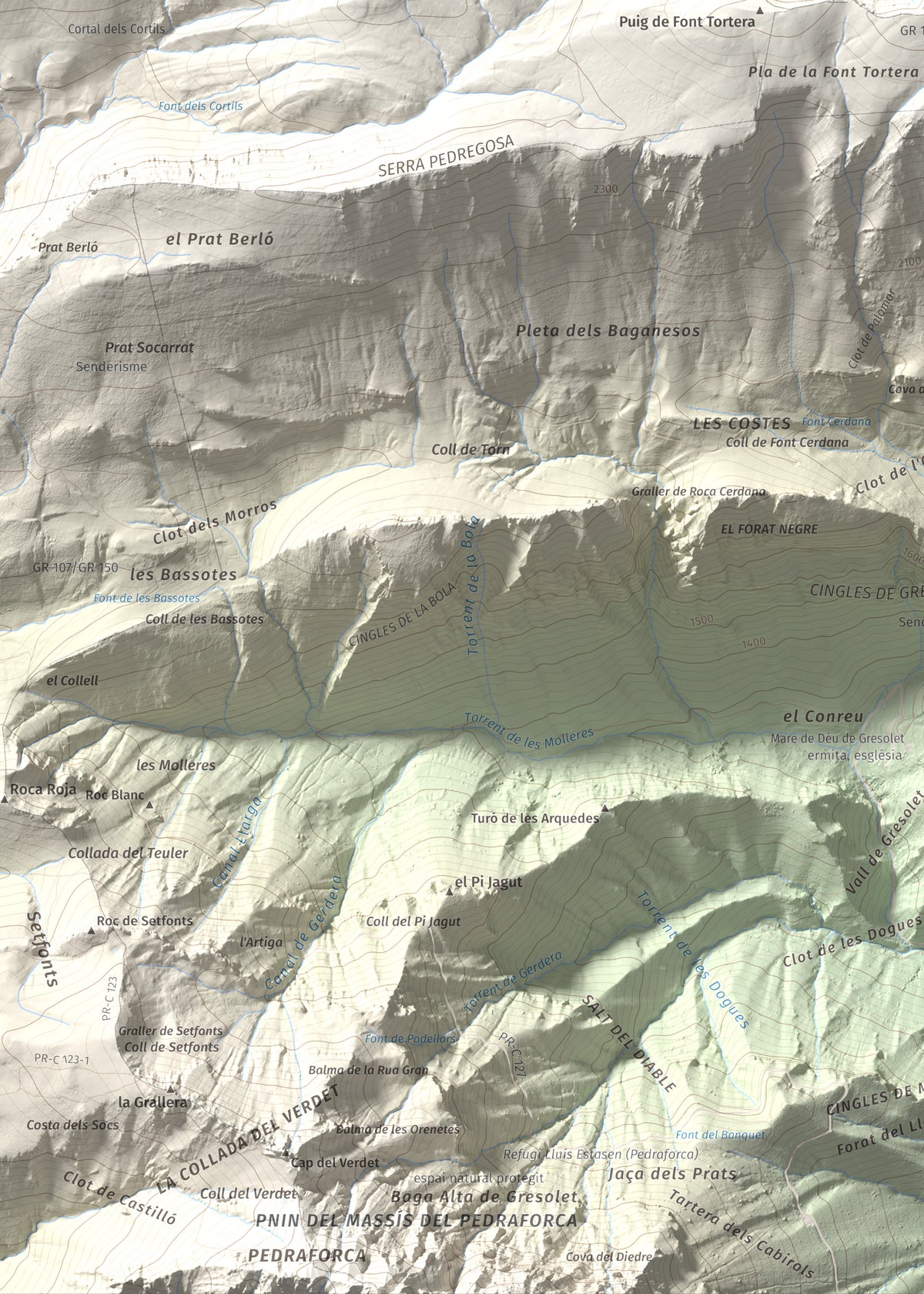 Mapa de relieve de Comabona, 2548 m, Berguedà · Cerdanya, lámina 100 Cims de Trobart. Detalle de la zona inferior izquierda. 50 × 70 cm.
