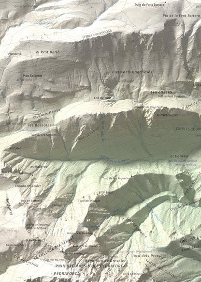 Mapa de relieve de Comabona, 2548 m, Berguedà · Cerdanya, lámina 100 Cims de Trobart. Detalle de la zona inferior izquierda. 50 × 70 cm.