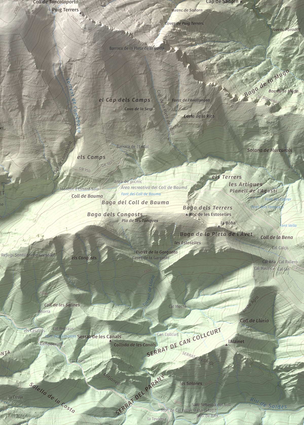 Mapa de relieve de Comabona, 2548 m, Berguedà · Cerdanya, lámina 100 Cims de Trobart. Detalle de la zona inferior derecha. 50 × 70 cm.