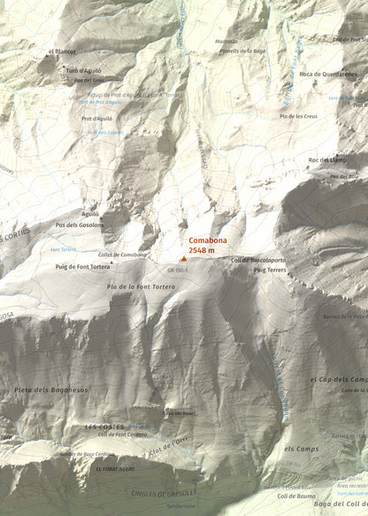 Mapa de relieve de Comabona, 2548 m, Berguedà · Cerdanya, lámina 100 Cims de Trobart. Detalle de la zona central. 50 × 70 cm.