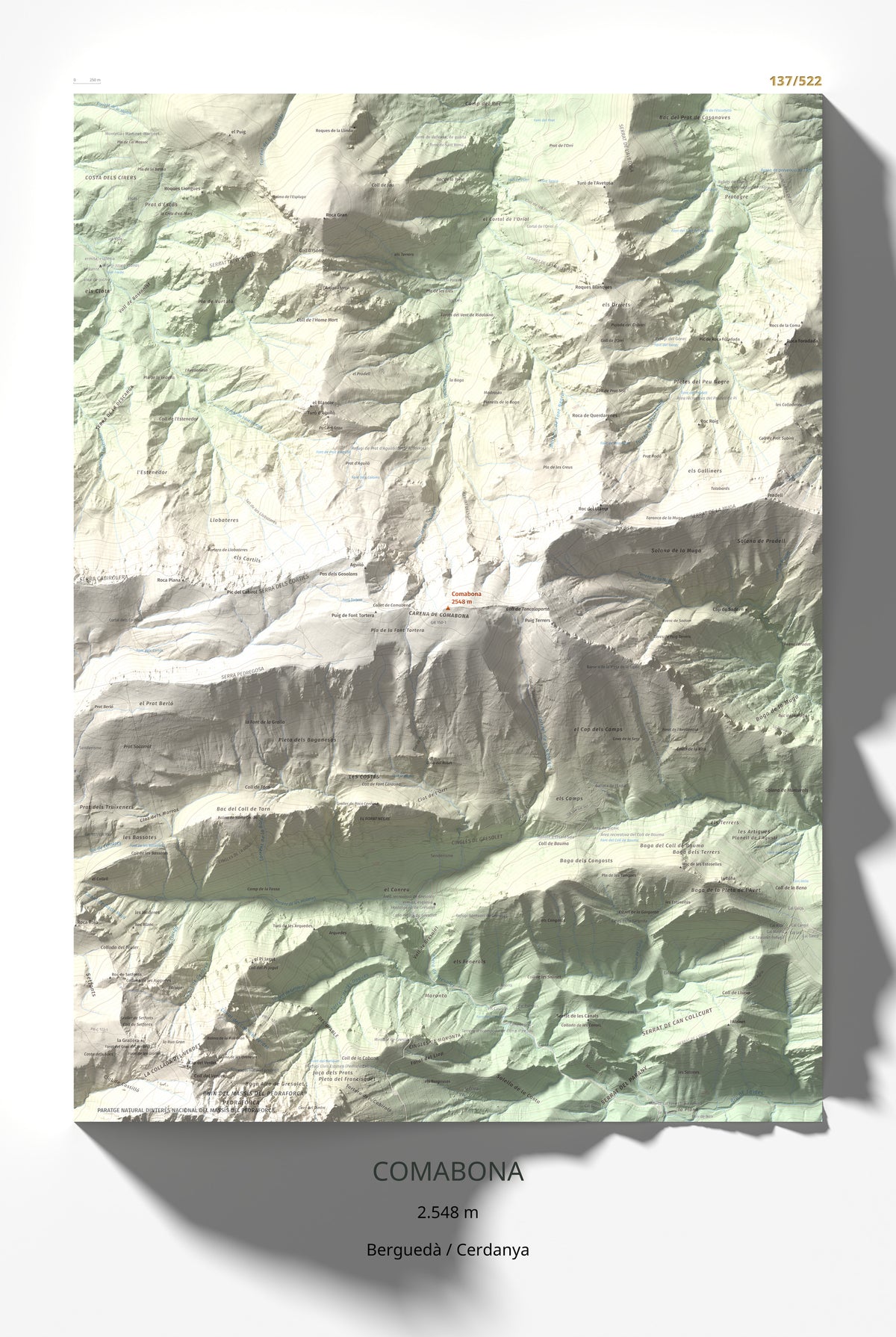 Mapa de relieve de Comabona, 2548 m, Berguedà · Cerdanya, lámina 100 Cims de Trobart 61 × 91 cm.
