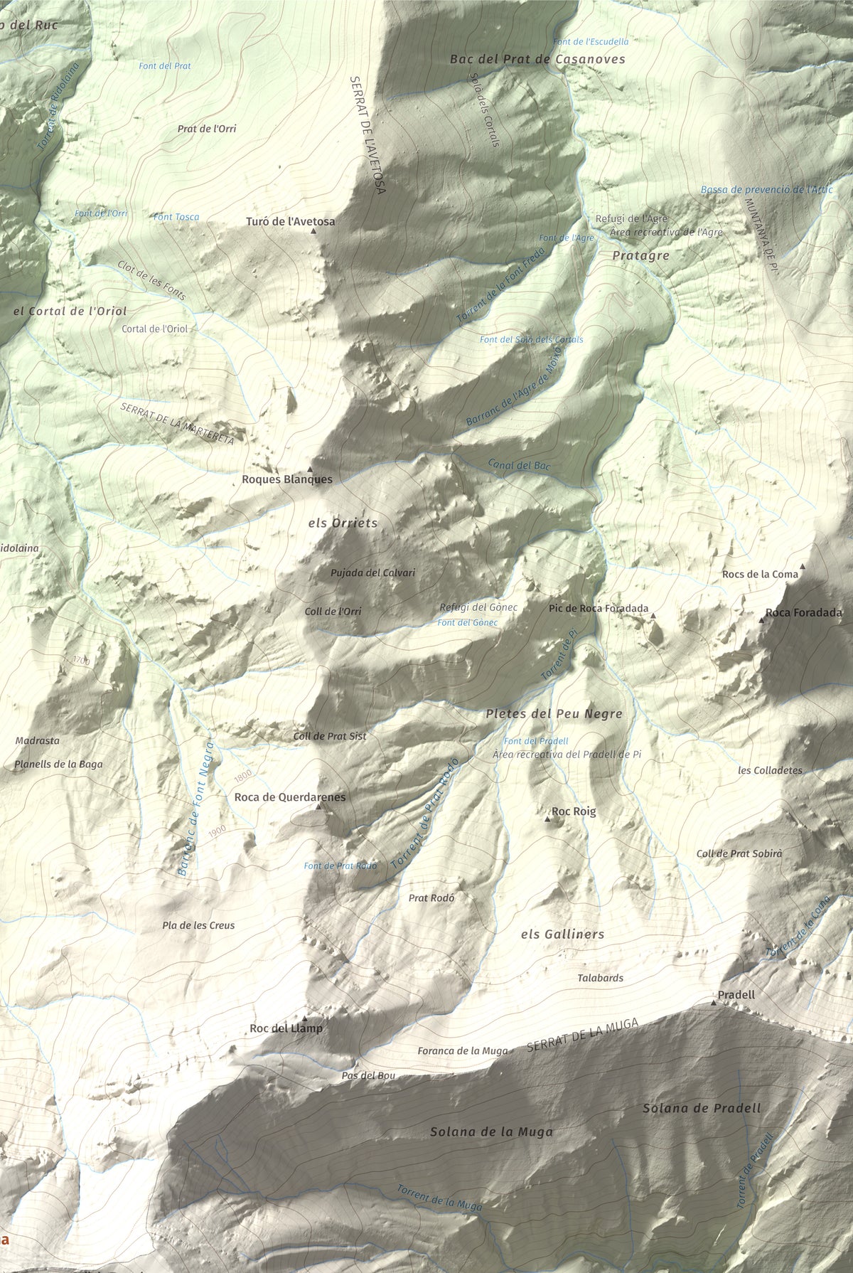Mapa de relieve de Comabona, 2548 m, Berguedà · Cerdanya, lámina 100 Cims de Trobart. Detalle de la zona superior derecha. 61 × 91 cm.