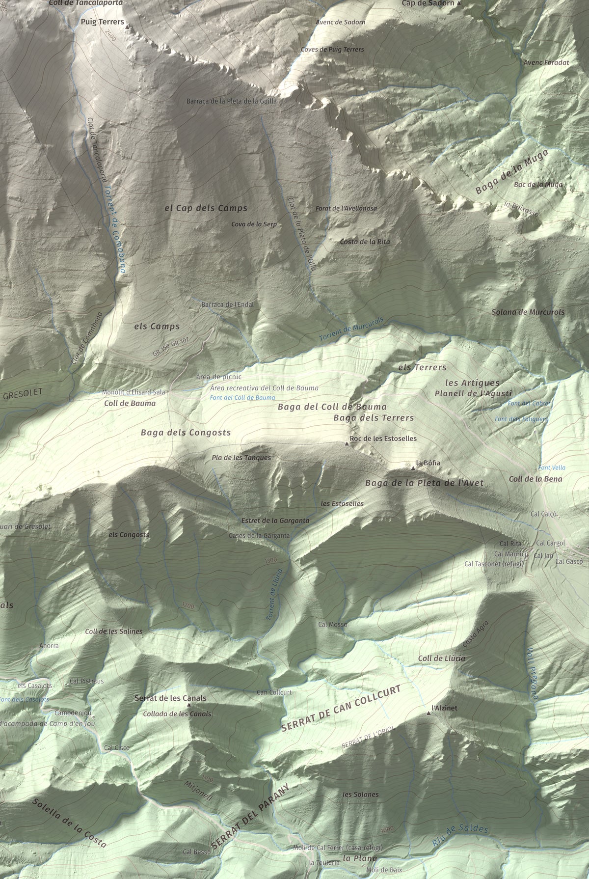 Mapa de relieve de Comabona, 2548 m, Berguedà · Cerdanya, lámina 100 Cims de Trobart. Detalle de la zona inferior derecha. 61 × 91 cm.