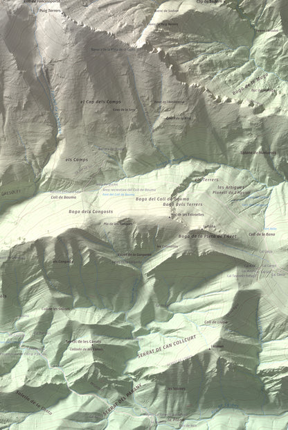 Mapa de relieve de Comabona, 2548 m, Berguedà · Cerdanya, lámina 100 Cims de Trobart. Detalle de la zona inferior derecha. 61 × 91 cm.