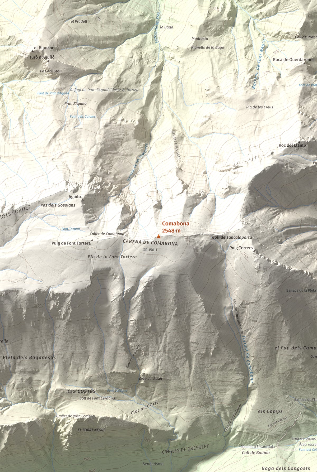 Mapa de relieve de Comabona, 2548 m, Berguedà · Cerdanya, lámina 100 Cims de Trobart. Detalle de la zona central. 61 × 91 cm.