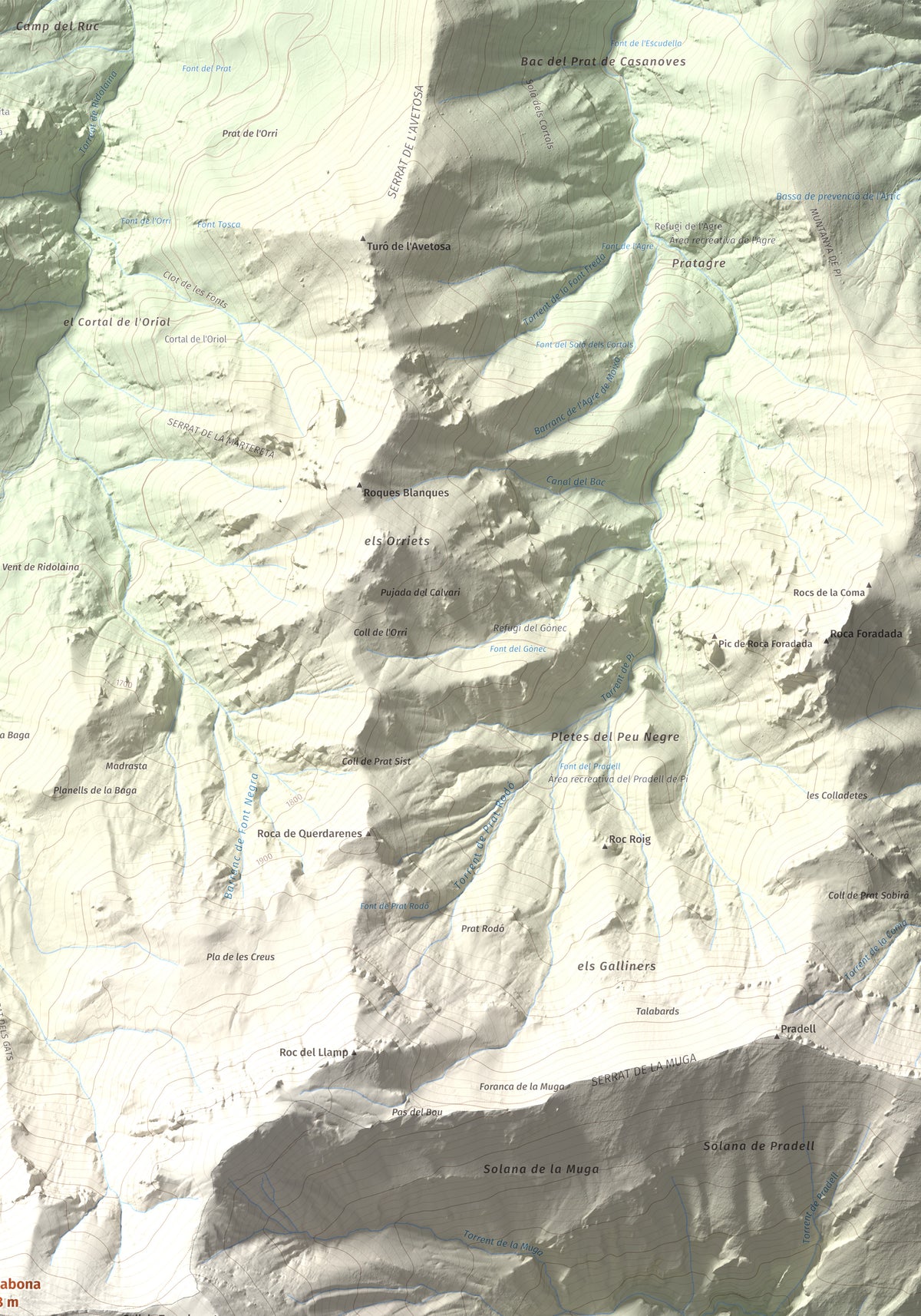 Mapa de relieve de Comabona, 2548 m, Berguedà · Cerdanya, lámina 100 Cims de Trobart. Detalle de la zona superior derecha. 70 × 100 cm.