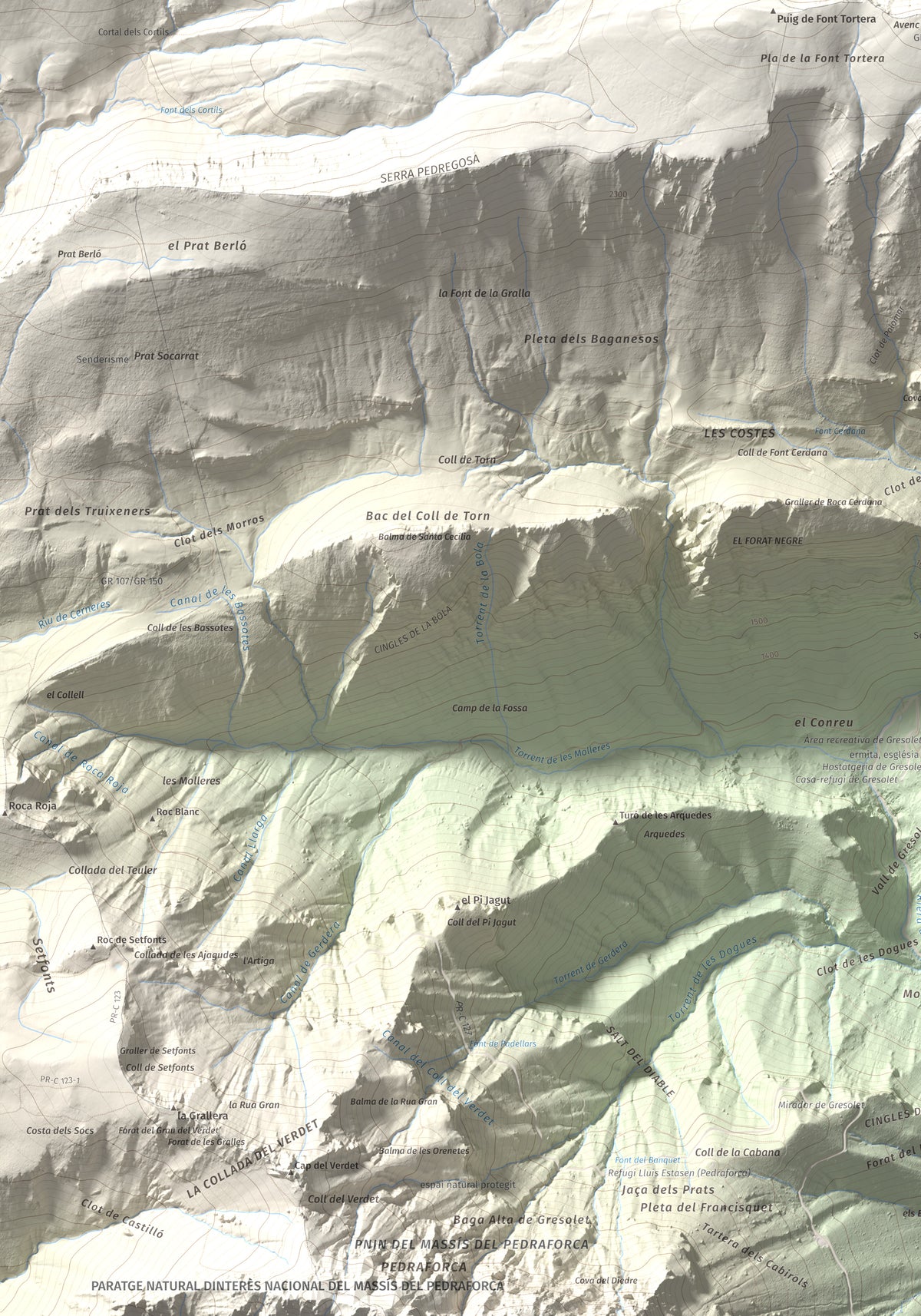 Mapa de relieve de Comabona, 2548 m, Berguedà · Cerdanya, lámina 100 Cims de Trobart. Detalle de la zona inferior izquierda. 70 × 100 cm.