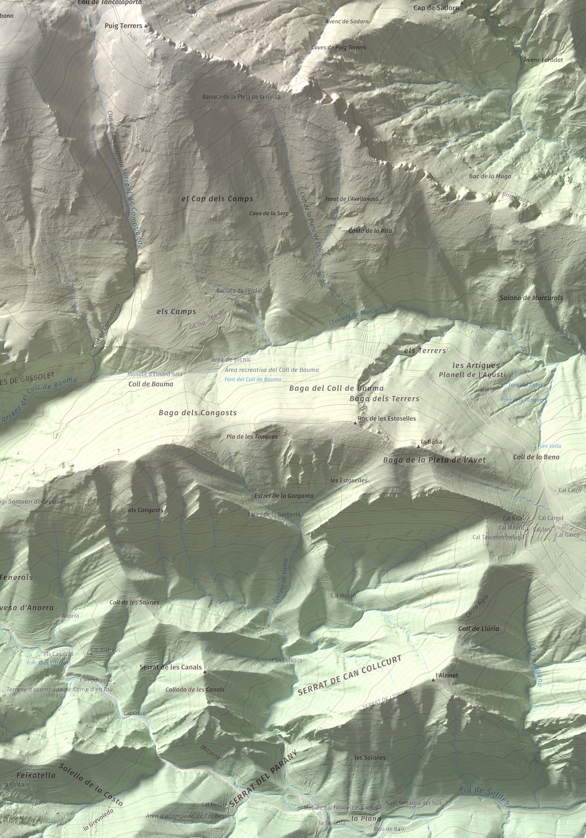 Mapa de relieve de Comabona, 2548 m, Berguedà · Cerdanya, lámina 100 Cims de Trobart. Detalle de la zona inferior derecha. 70 × 100 cm.