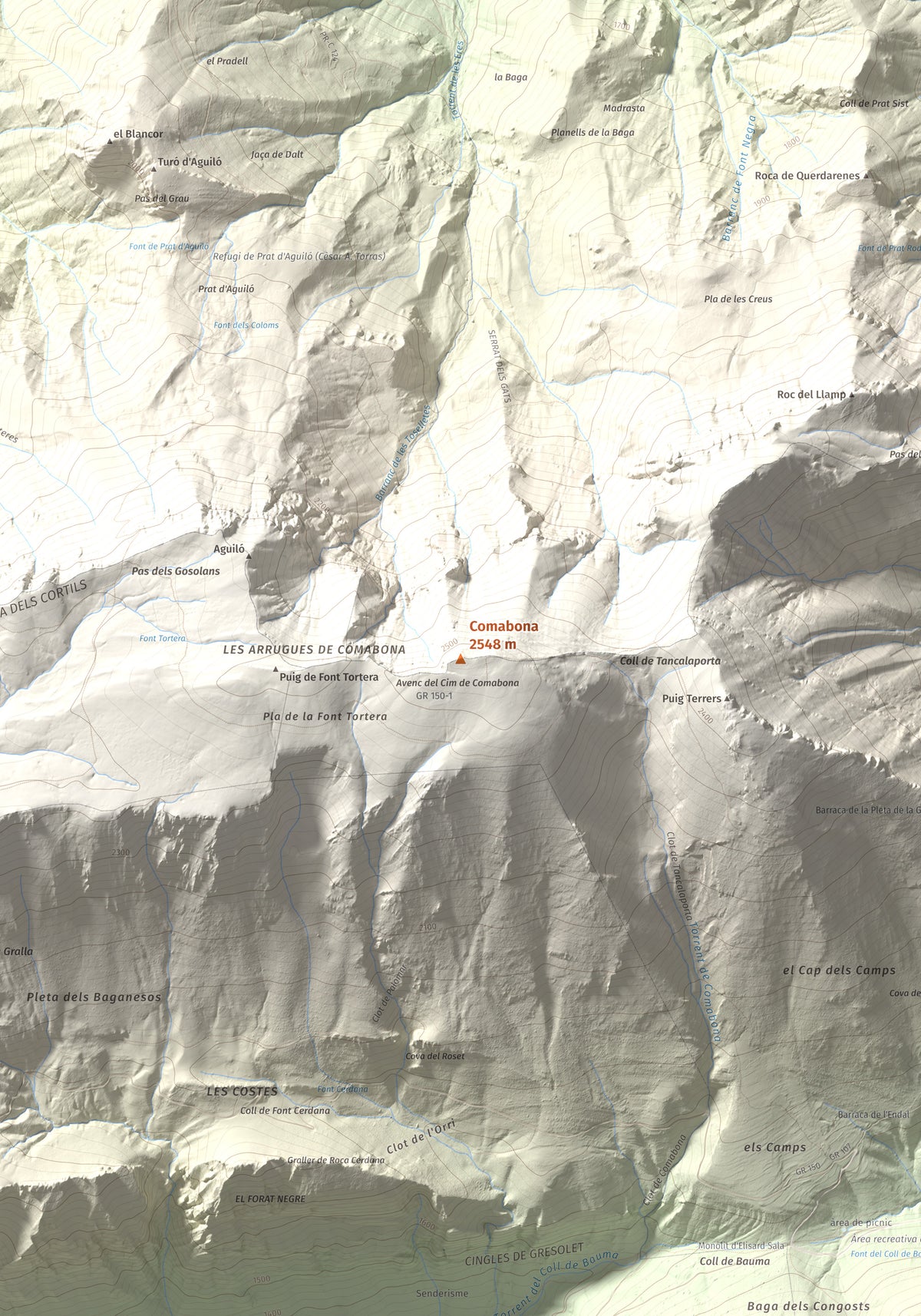 Mapa de relieve de Comabona, 2548 m, Berguedà · Cerdanya, lámina 100 Cims de Trobart. Detalle de la zona central. 70 × 100 cm.