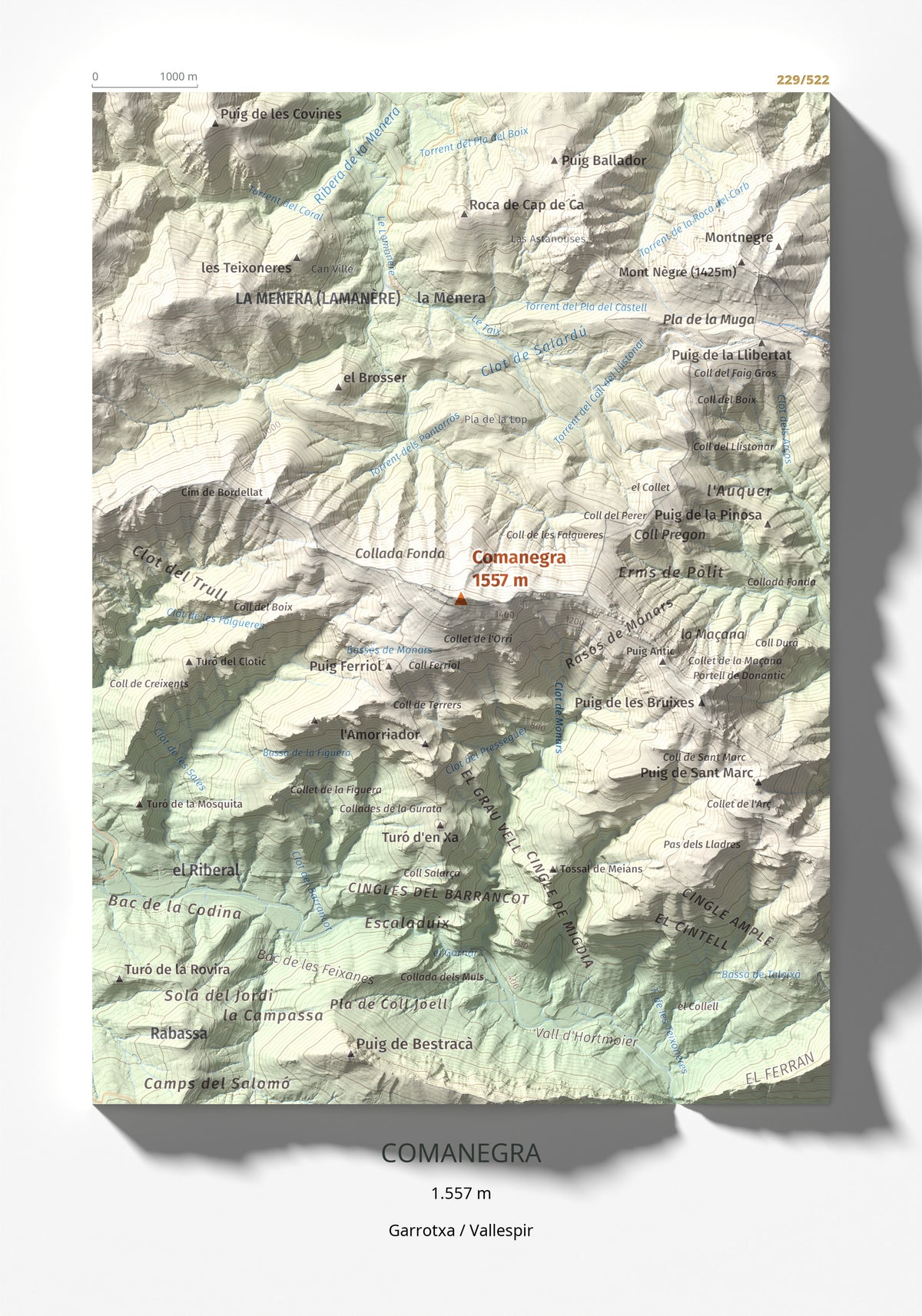 Mapa de relieve de Comanegra, 1557 m, Garrotxa · Vallespir, lámina 100 Cims de Trobart 21 × 30 cm.