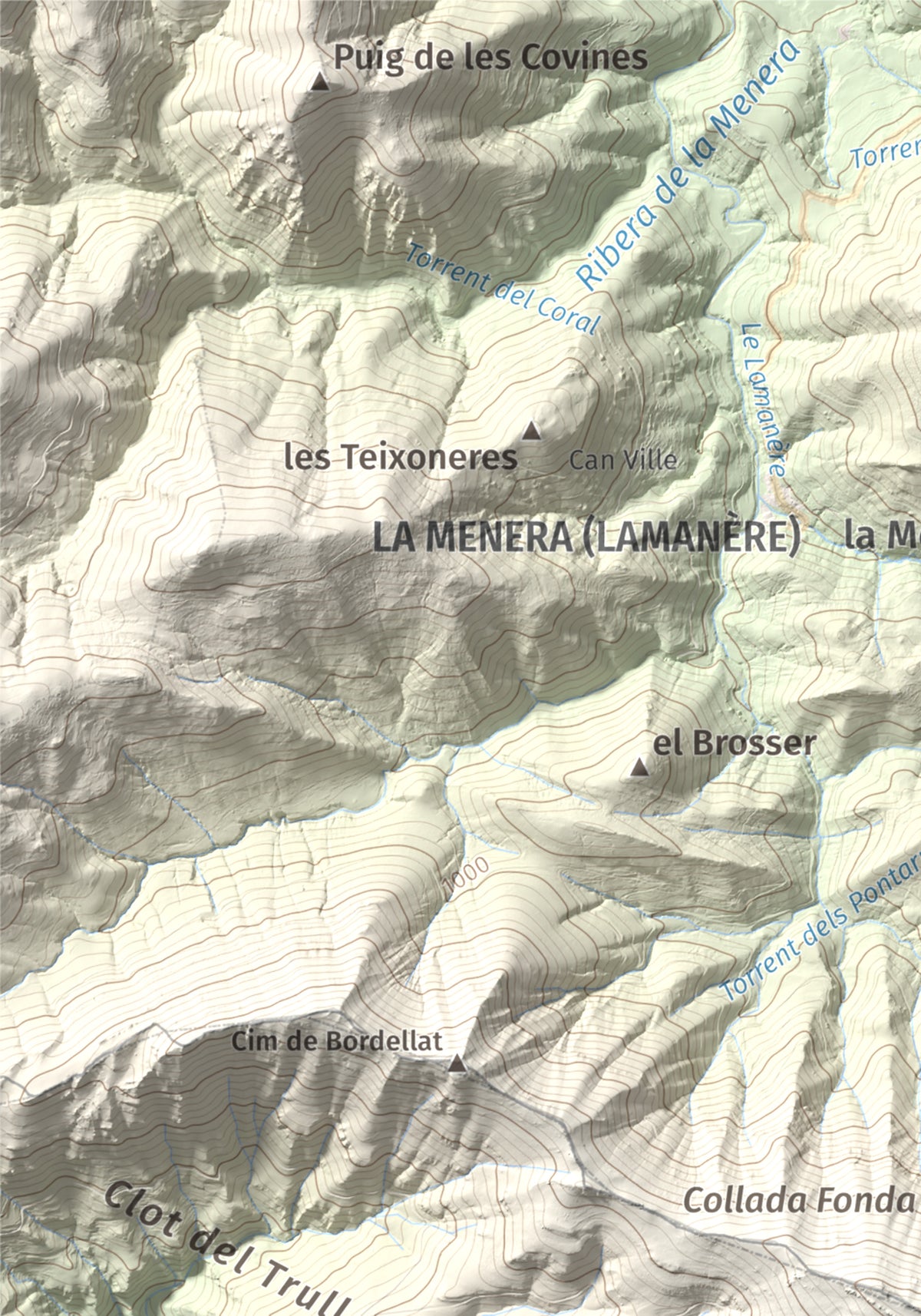 Mapa de relieve de Comanegra, 1557 m, Garrotxa · Vallespir, lámina 100 Cims de Trobart. Detalle de la zona superior izquierda. 21 × 30 cm.