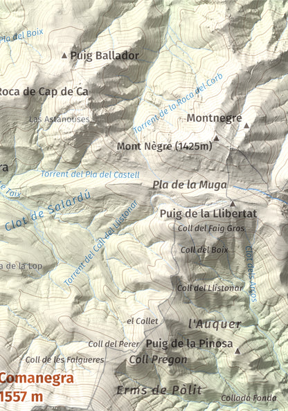 Mapa de relieve de Comanegra, 1557 m, Garrotxa · Vallespir, lámina 100 Cims de Trobart. Detalle de la zona superior derecha. 21 × 30 cm.