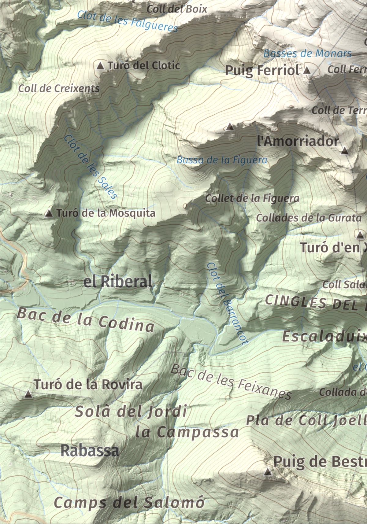 Mapa de relieve de Comanegra, 1557 m, Garrotxa · Vallespir, lámina 100 Cims de Trobart. Detalle de la zona inferior izquierda. 21 × 30 cm.