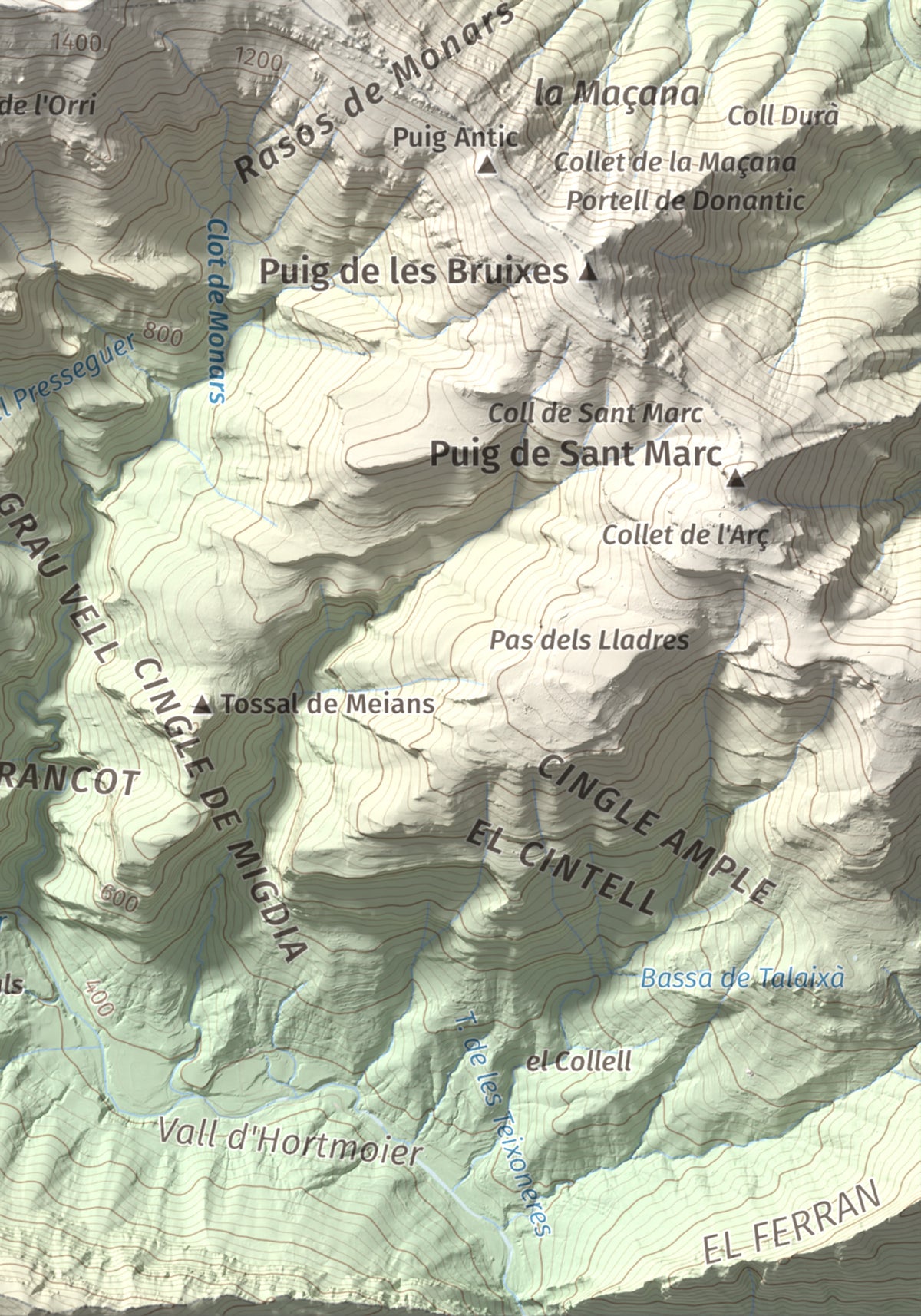 Mapa de relieve de Comanegra, 1557 m, Garrotxa · Vallespir, lámina 100 Cims de Trobart. Detalle de la zona inferior derecha. 21 × 30 cm.