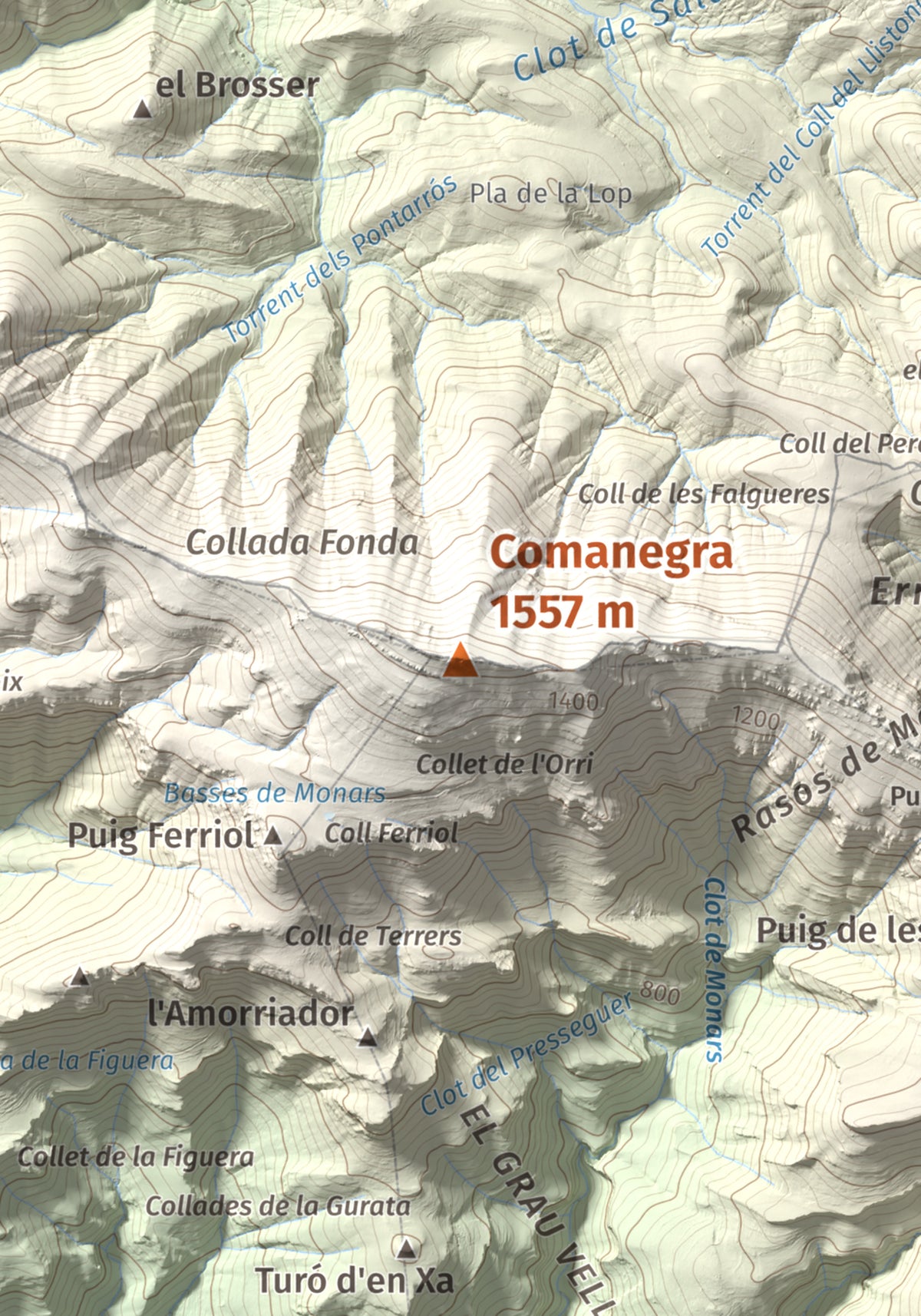 Mapa de relieve de Comanegra, 1557 m, Garrotxa · Vallespir, lámina 100 Cims de Trobart. Detalle de la zona central. 21 × 30 cm.