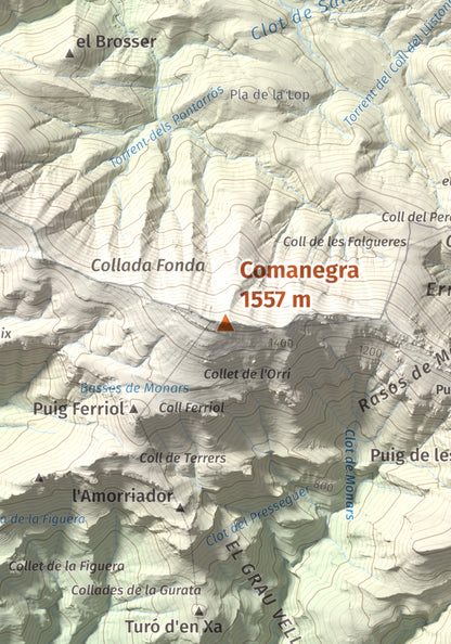 Mapa de relieve de Comanegra, 1557 m, Garrotxa · Vallespir, lámina 100 Cims de Trobart. Detalle de la zona central. 21 × 30 cm.