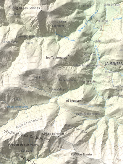 Mapa de relieve de Comanegra, 1557 m, Garrotxa · Vallespir, lámina 100 Cims de Trobart. Detalle de la zona superior izquierda. 30 × 40 cm.