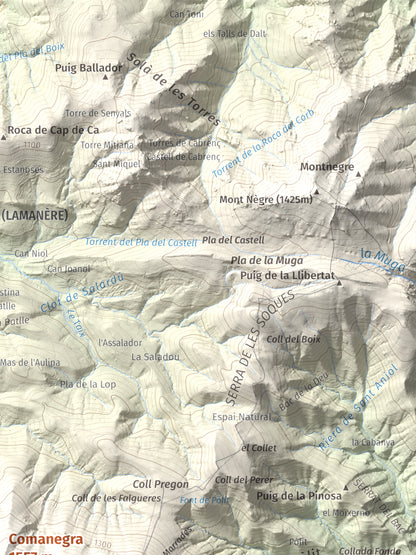 Mapa de relieve de Comanegra, 1557 m, Garrotxa · Vallespir, lámina 100 Cims de Trobart. Detalle de la zona superior derecha. 30 × 40 cm.