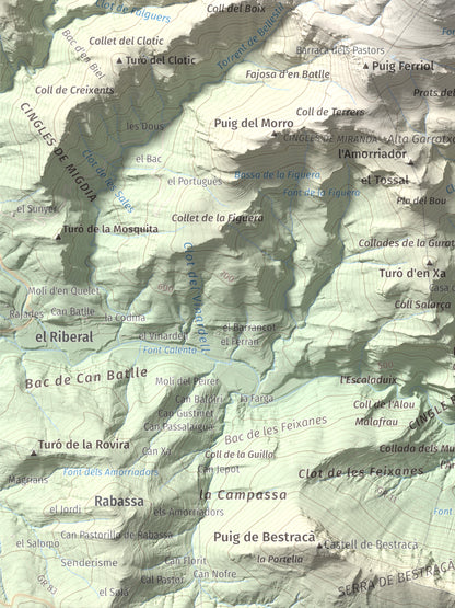 Mapa de relieve de Comanegra, 1557 m, Garrotxa · Vallespir, lámina 100 Cims de Trobart. Detalle de la zona inferior izquierda. 30 × 40 cm.