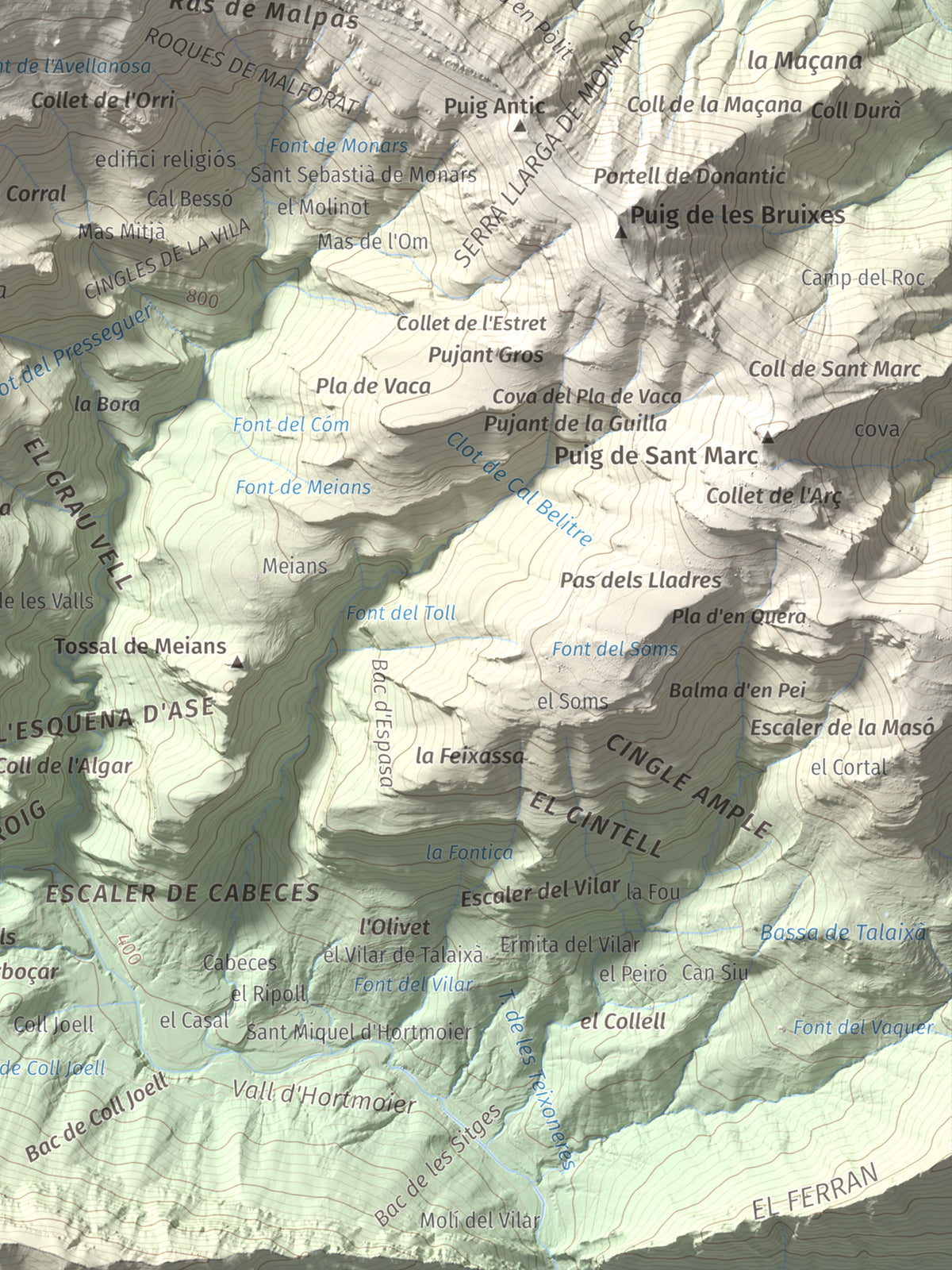 Mapa de relieve de Comanegra, 1557 m, Garrotxa · Vallespir, lámina 100 Cims de Trobart. Detalle de la zona inferior derecha. 30 × 40 cm.