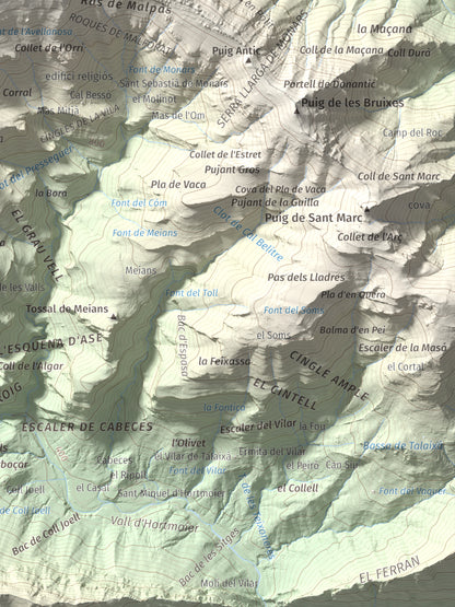 Mapa de relieve de Comanegra, 1557 m, Garrotxa · Vallespir, lámina 100 Cims de Trobart. Detalle de la zona inferior derecha. 30 × 40 cm.