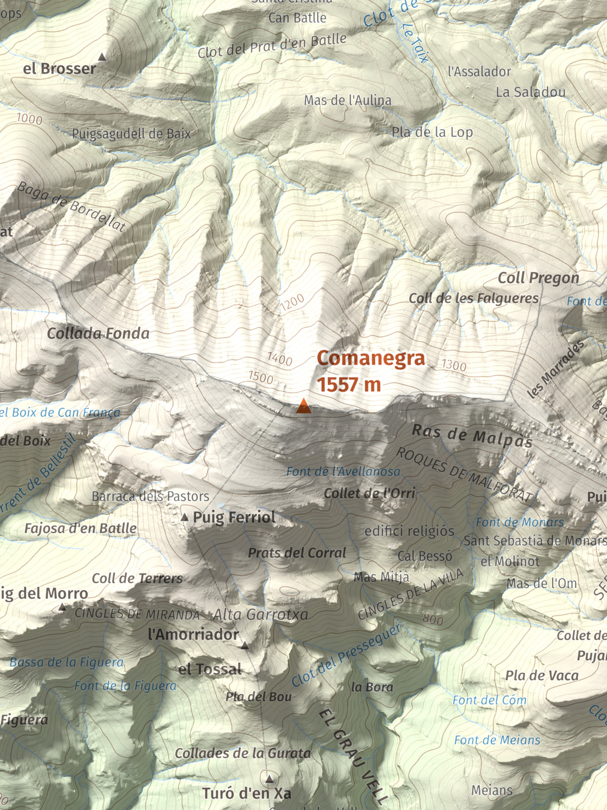 Mapa de relieve de Comanegra, 1557 m, Garrotxa · Vallespir, lámina 100 Cims de Trobart. Detalle de la zona central. 30 × 40 cm.