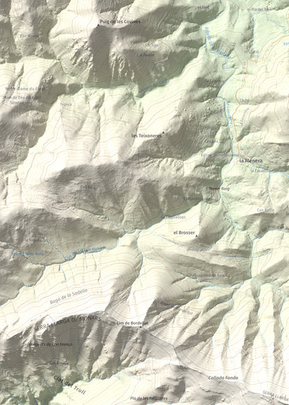 Mapa de relieve de Comanegra, 1557 m, Garrotxa · Vallespir, lámina 100 Cims de Trobart. Detalle de la zona superior izquierda. 50 × 70 cm.