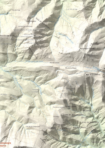 Mapa de relieve de Comanegra, 1557 m, Garrotxa · Vallespir, lámina 100 Cims de Trobart. Detalle de la zona superior derecha. 50 × 70 cm.