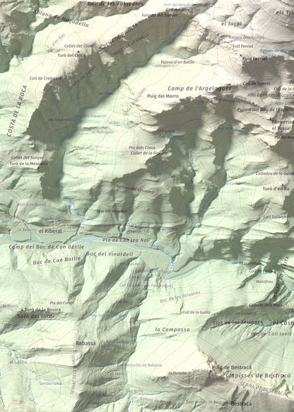 Mapa de relieve de Comanegra, 1557 m, Garrotxa · Vallespir, lámina 100 Cims de Trobart. Detalle de la zona inferior izquierda. 50 × 70 cm.