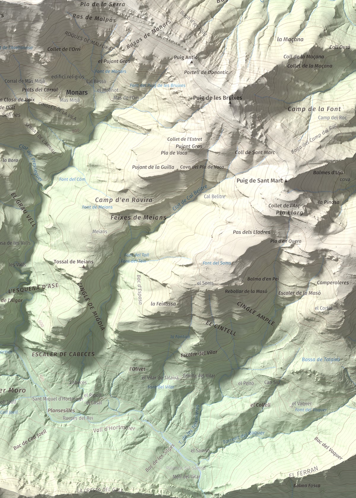 Mapa de relieve de Comanegra, 1557 m, Garrotxa · Vallespir, lámina 100 Cims de Trobart. Detalle de la zona inferior derecha. 50 × 70 cm.
