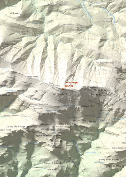 Mapa de relieve de Comanegra, 1557 m, Garrotxa · Vallespir, lámina 100 Cims de Trobart. Detalle de la zona central. 50 × 70 cm.