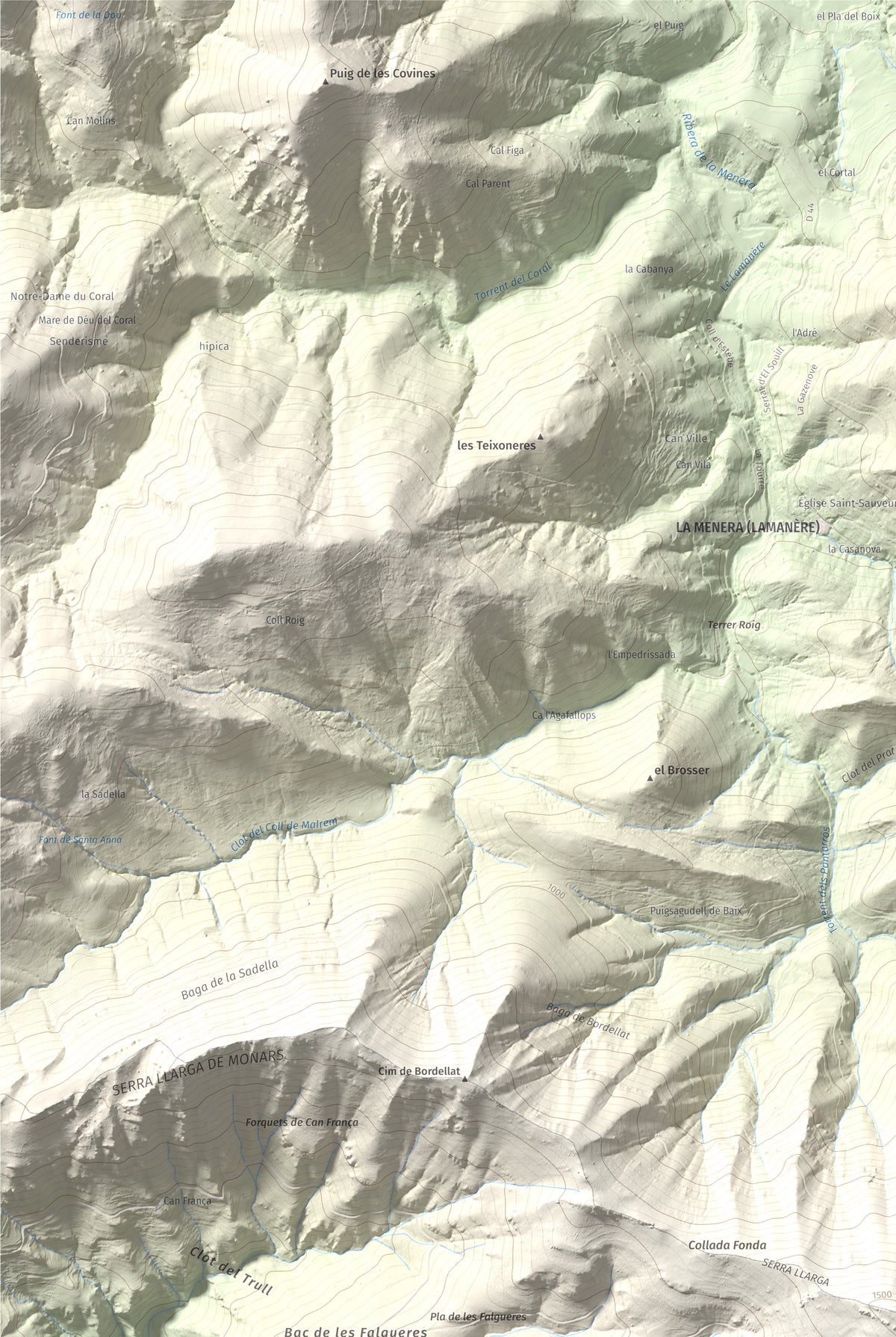 Mapa de relieve de Comanegra, 1557 m, Garrotxa · Vallespir, lámina 100 Cims de Trobart. Detalle de la zona superior izquierda. 61 × 91 cm.