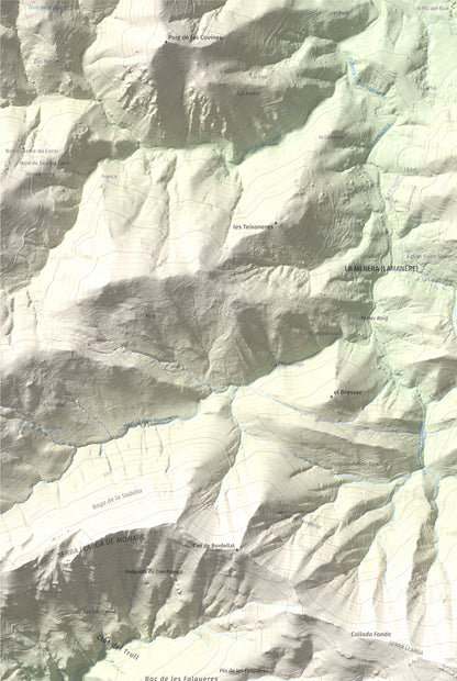 Mapa de relieve de Comanegra, 1557 m, Garrotxa · Vallespir, lámina 100 Cims de Trobart. Detalle de la zona superior izquierda. 61 × 91 cm.