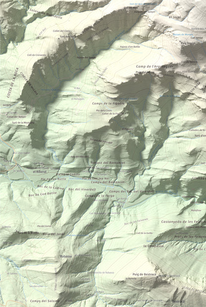 Mapa de relieve de Comanegra, 1557 m, Garrotxa · Vallespir, lámina 100 Cims de Trobart. Detalle de la zona inferior izquierda. 61 × 91 cm.