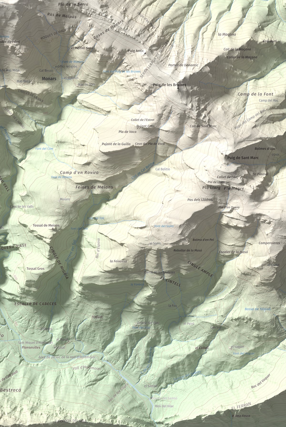 Mapa de relieve de Comanegra, 1557 m, Garrotxa · Vallespir, lámina 100 Cims de Trobart. Detalle de la zona inferior derecha. 61 × 91 cm.