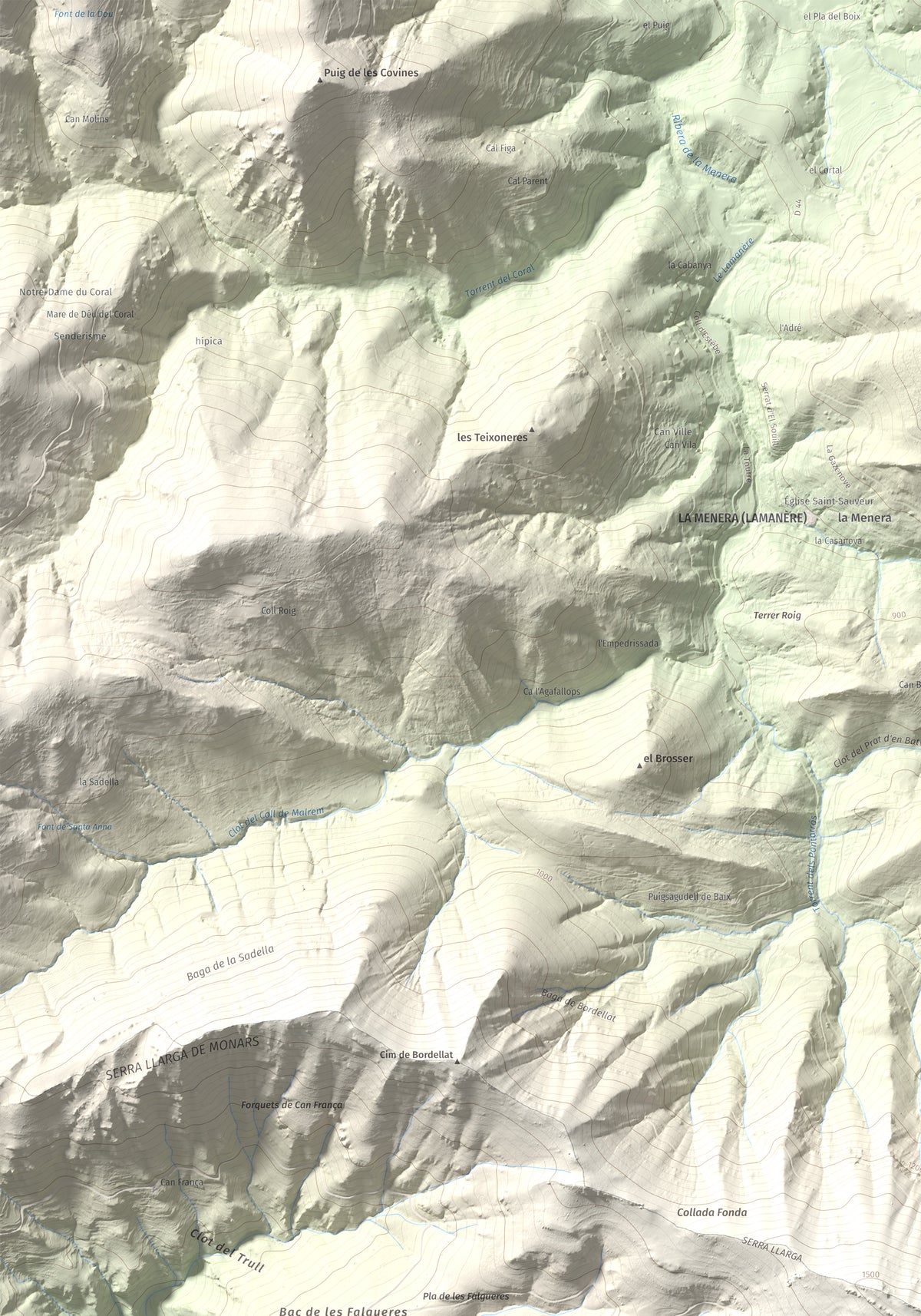 Mapa de relieve de Comanegra, 1557 m, Garrotxa · Vallespir, lámina 100 Cims de Trobart. Detalle de la zona superior izquierda. 70 × 100 cm.