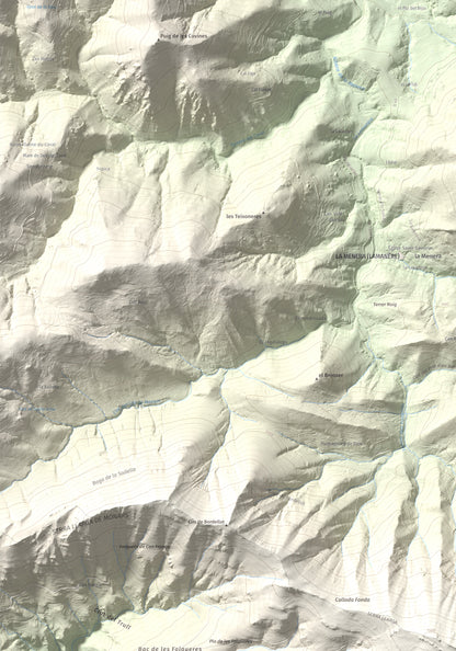 Mapa de relieve de Comanegra, 1557 m, Garrotxa · Vallespir, lámina 100 Cims de Trobart. Detalle de la zona superior izquierda. 70 × 100 cm.