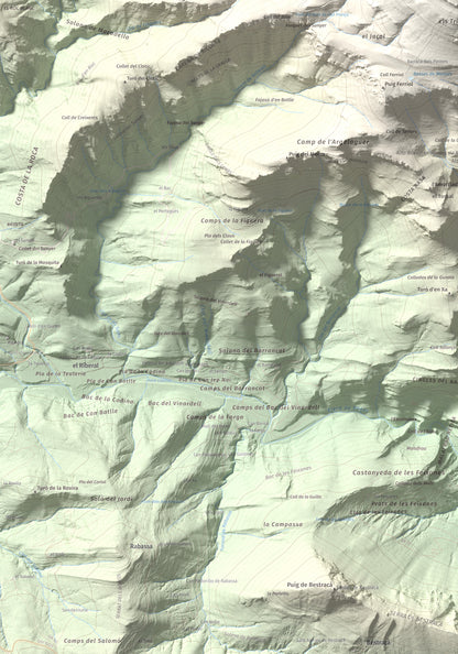 Mapa de relieve de Comanegra, 1557 m, Garrotxa · Vallespir, lámina 100 Cims de Trobart. Detalle de la zona inferior izquierda. 70 × 100 cm.