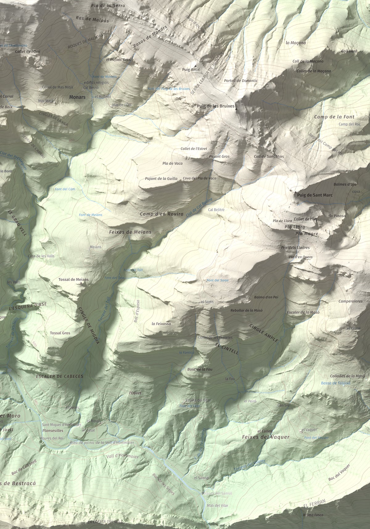 Mapa de relieve de Comanegra, 1557 m, Garrotxa · Vallespir, lámina 100 Cims de Trobart. Detalle de la zona inferior derecha. 70 × 100 cm.