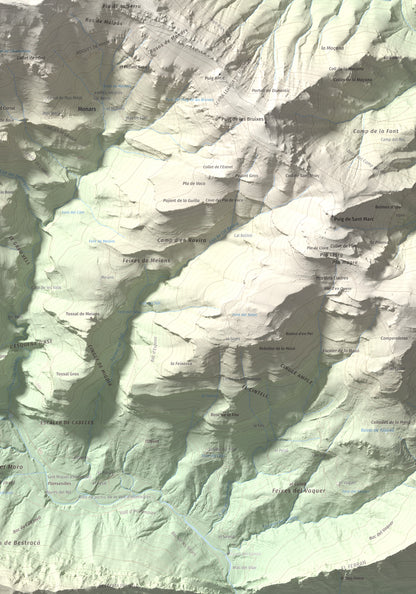 Mapa de relieve de Comanegra, 1557 m, Garrotxa · Vallespir, lámina 100 Cims de Trobart. Detalle de la zona inferior derecha. 70 × 100 cm.