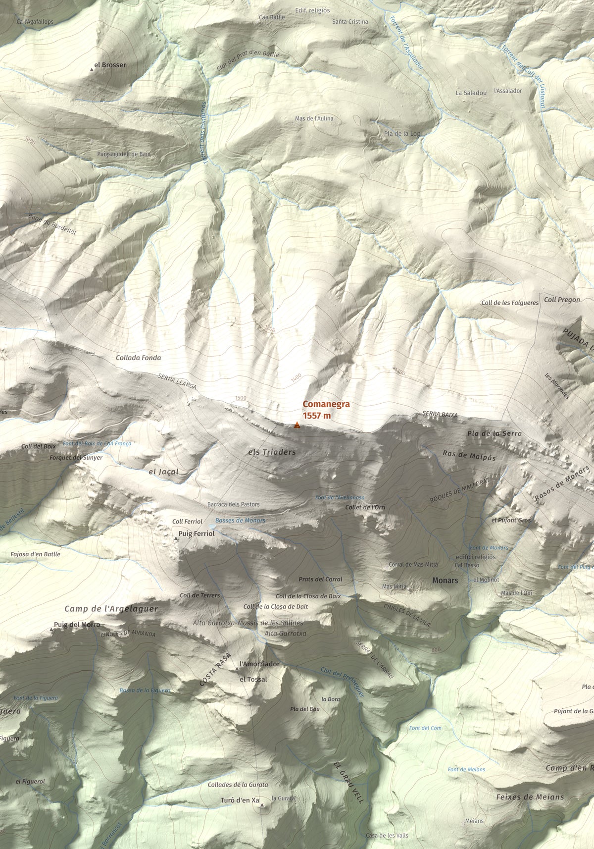 Mapa de relieve de Comanegra, 1557 m, Garrotxa · Vallespir, lámina 100 Cims de Trobart. Detalle de la zona central. 70 × 100 cm.