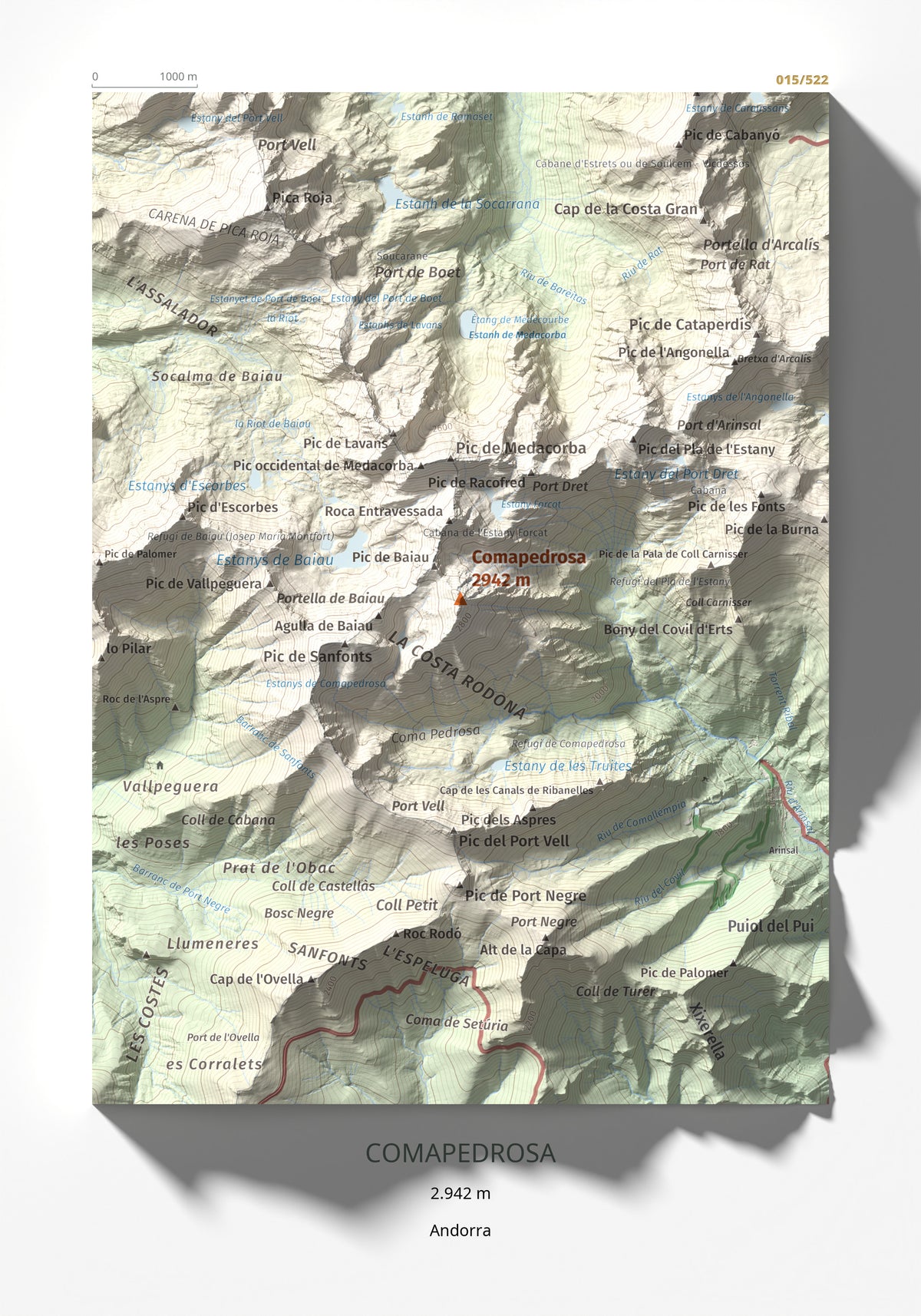 Mapa de relieve de Comapedrosa, 2942 m, Andorra, lámina 100 Cims de Trobart 21 × 30 cm.